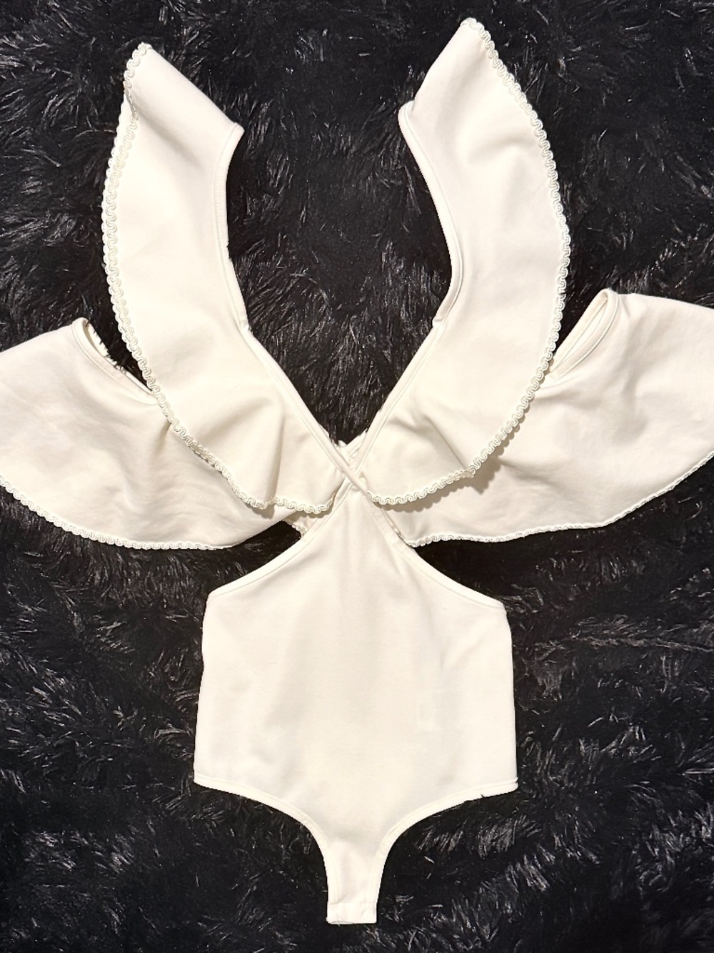 Y2K Bebe Cream Off-Shoulder. Deep Asymmetrical Plunge, Ruffled Bodysuit (Size XS